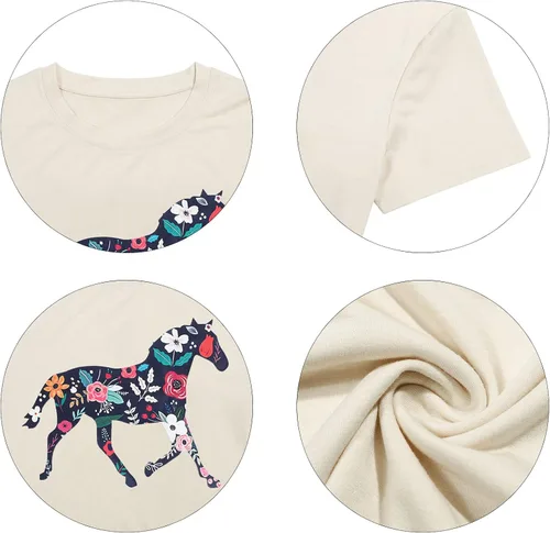Vista 7 de Camisa de caballo para mujer, diseño de caballo floral, camiseta de regalo para amantes de los caballos, camiseta vaquera occidental de manga corta