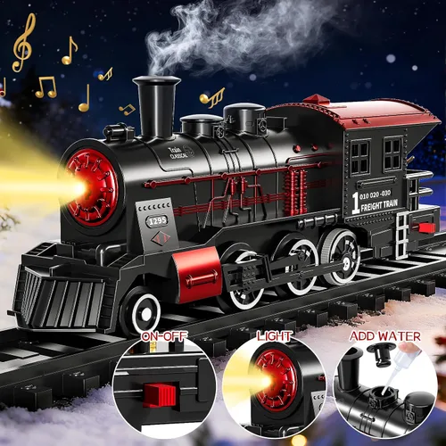 Vista 3 de Conjunto de Tren para Niños Pequeños de 2-4 años, Trenes Eléctricos con Vía, Humo, Luz, Sonido y Escena, Conjuntos de Tren de Navidad para Alrededor