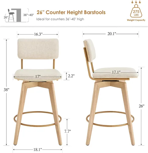 Vista 2 de ONEVOG Juego de 2 taburetes de bar giratorios de madera de 26 pulgadas de altura de mostrador, modernas sillas altas tapizadas para isla de cocina