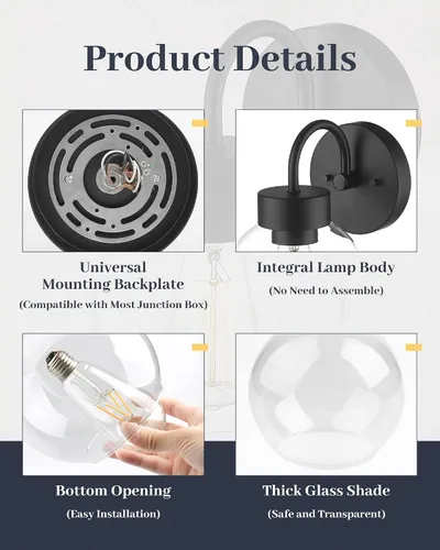 Vista 8 de EAPUDUN WLA1433-MBK - Lámpara de baño de 1 luz negra mate sobre espejo, luces de tocador con 1 globo de vidrio transparente, apliques de pared