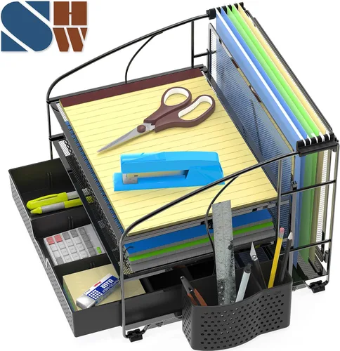 Vista 2 de Simple Houseware - Organizador de escritorio de 3 niveles con cajón deslizante, soporte para archivos colgantes y accesorio para porta lapices, Negro