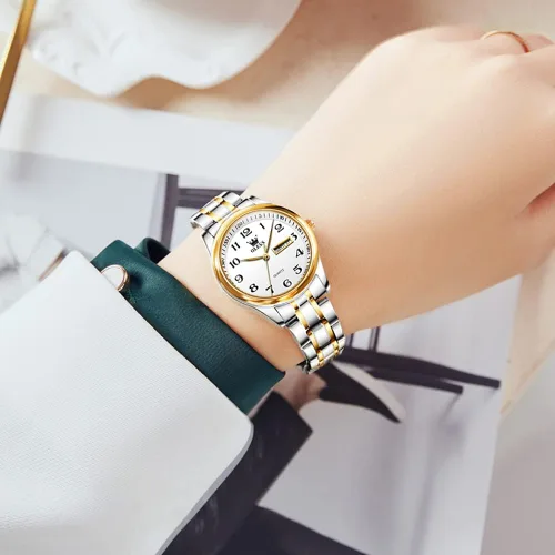 Vista 3 de OLEVS Relojes para mujer oro plateado acero inoxidable impermeables analógicos grandes fáciles de leer y fecha