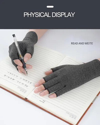 Vista 4 de Guantes de compresión sin dedos para mujeres y hombres, alivio del dolor del túnel carpiano, ciclismo, mecanografía, guantes de artritis, Negro -, M