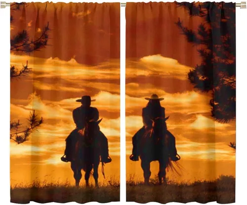 Vista 47 de Cortinas opacas de vaquero americano para sala de estar, atardecer occidental, rústico, vaquero, equitación, cortinas de ventana, aislamiento