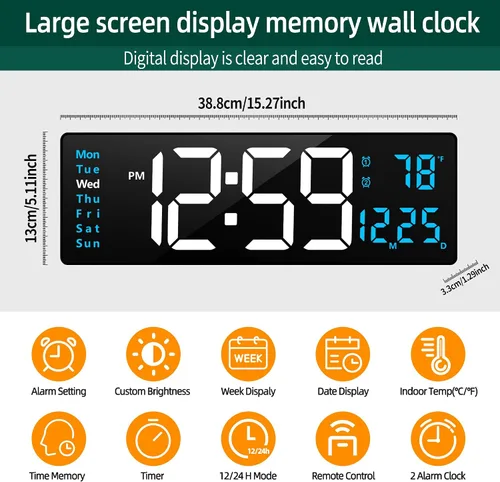 Vista 2 de LEIKE Reloj de pared digital grande de 16 pulgadas, control remoto, 2 alarmas, pantalla LED, DST automático, temperatura, reloj de luz nocturna