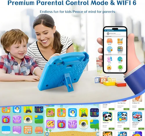 Vista 4 de Tablet infantil de 10.1 pulgadas, tableta Android para niños, Android 15, pantalla de 1280 x 800, CPU Octa-Core, 8 GB+64 GB, 1 TB expandible a Azul