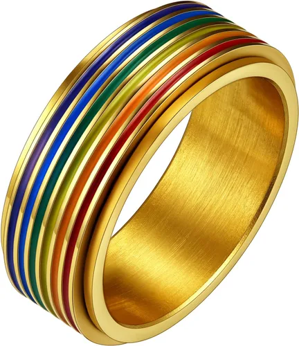 Vista 34 de FaithHeart Anillos para ansiedad LGBT Pride Rainbow, acero inoxidable/chapado en oro de 18 quilates, joyería de amor es amor para hombres y mujeres