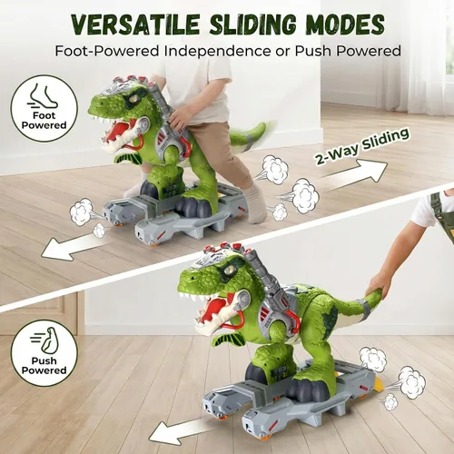 Vista 6 de Coches de Dinosaurio Montables para Niños, Juguetes Eléctricos con Música, Luz y Humo, Regalo para Niños de 3 a 5 Años, Patinete para Preescolar