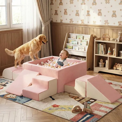 Vista 2 de STAOLENE Bloques de escalada de espuma suave con pozo de bolas, 6 juguetes de escalada de interior beige y rosa para niños pequeños, juego