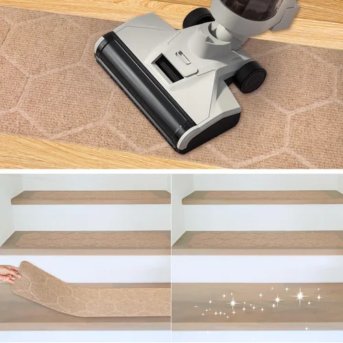 Vista 6 de MATAHUM Peldaños antideslizantes para escaleras, paquete de 15 alfombras de 8 x 30 pulgadas, color beige para escalones de madera en interiores