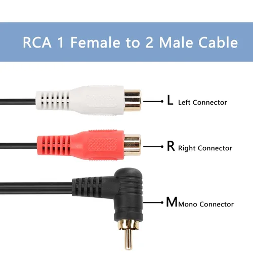 Vista 4 de Cable divisor RCA Y, 2 unidades de cable adaptador de audio estéreo RCA de 90 grados, 1 macho a 2 hembras, 9.8 in