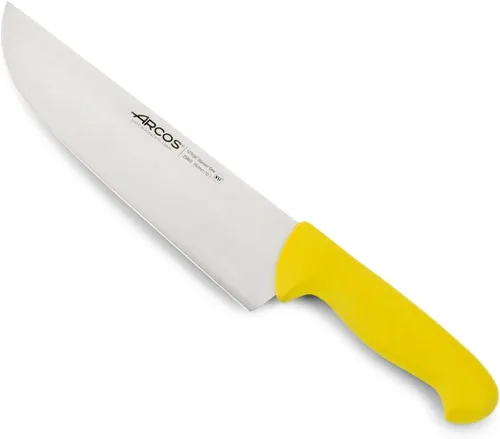 Vista 7 de Arcos Cuchillo de carnicero de acero inoxidable de 9 pulgadas. Cuchillo de cocina profesional para cortar carne, pescado y verduras. Mango Rojo