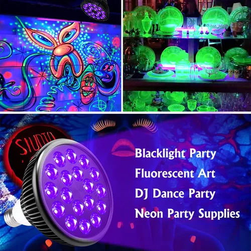 Vista 5 de KINGBO Bombilla negra, bombillas LED de 36 W E26 PAR38 que brillan en la oscuridad, LED de 395 nm para fiesta de luz negra, arte fluorescente