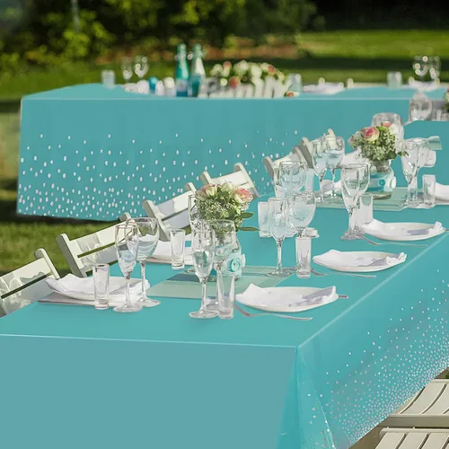 Vista 7 de Breling Mantel rectangular desechable de plástico con diseño de lunares color verde azulado y plateado, para cumpleaños, boda, baby shower