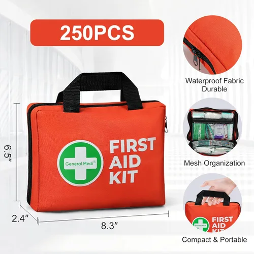 Vista 3 de General Medi Kit de primeros auxilios, kit de primeros auxilios pequeño de 250 piezas, incluye manta de aluminio de emergencia, paquete frío