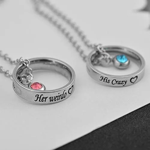 Vista 2 de MJartoria collares a juego para parejas, para él y ella, dijes de anillo grabados, con diamantes de imitación, regalo para novio y novia