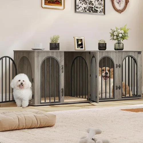 Vista 16 de Hzuaneri 63" Mueble de jaula para perros para 2 perros, jaula de perro interior resistente con soporte para TV, jaula de madera para perros L