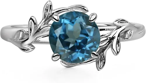 Vista 12 de Luo Anillos de Plata de Ley 925 de 7MM con Forma Redonda y Piedras Preciosas, Anillos de Compromiso con Diseño de Hoja, Anillos de Promesa
