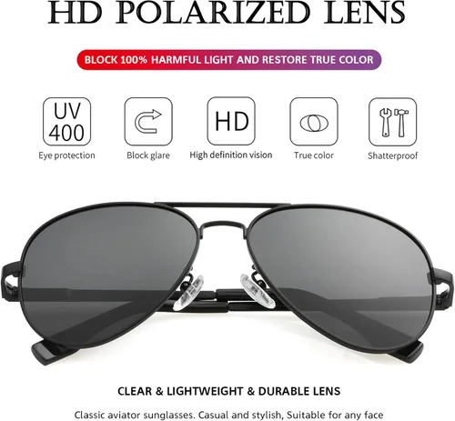Vista 4 de PORADAY - Lentes de sol polarizados para hombres y mujeres con estilo aviador, armazón de metal, 100% protección UV400, 58 mm