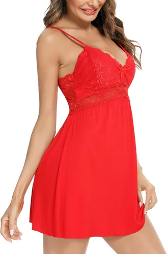 Vista 2 de Ababoon - Ropa de dormir modal de encaje para mujer, camisón babydoll con cuello en V