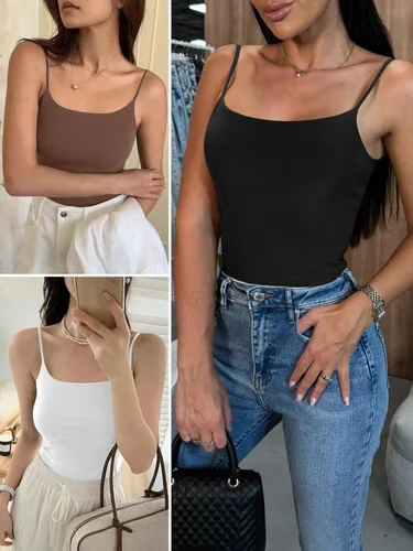 Vista 5 de ANRABESS Camisetas sin mangas para mujer con cuello cuadrado, tirantes delgados ajustables, camisetas de doble forro, camisetas básicas de verano