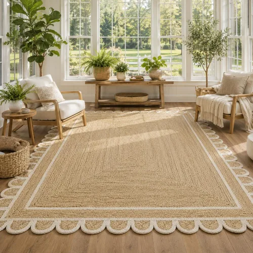 Vista 17 de Alfombra festoneada de yute natural, base natural con ribete blanco hueso, alfombra bohemia de granja hecha a mano con respaldo antideslizante