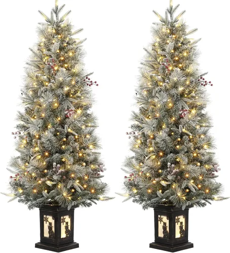 Vista 10 de Árbol de Navidad artificial preiluminado de 3 pies, árbol de Navidad de nieve flocada premium con LED blanco cálido, mini árbol de Navidad Base