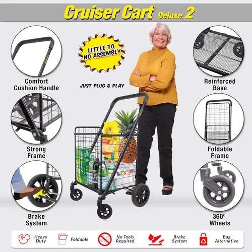 Vista 2 de dbest products - Carrito Cruiser Deluxe 2 para compras y comestibles con ruedas, cesta de lavandería plegable, carrito de utilidad compacto, ligero