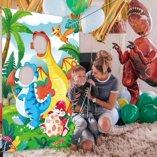 Vista 7 de DPKOW Accesorio para fotos de fiesta de dinosaurios para niños, divertido telón de fondo de cara en el agujero, pancarta de puerta de dinosaurio