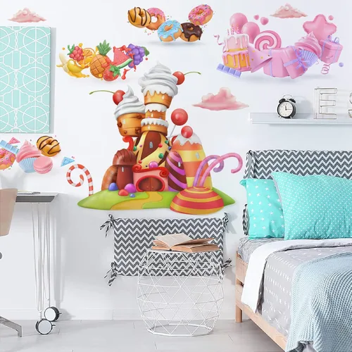 Vista 4 de Pegatinas de pared de castillo de helados y dulces Calcomanías removibles para tartas de frutas, decoración de fiesta de Navidad, guardería
