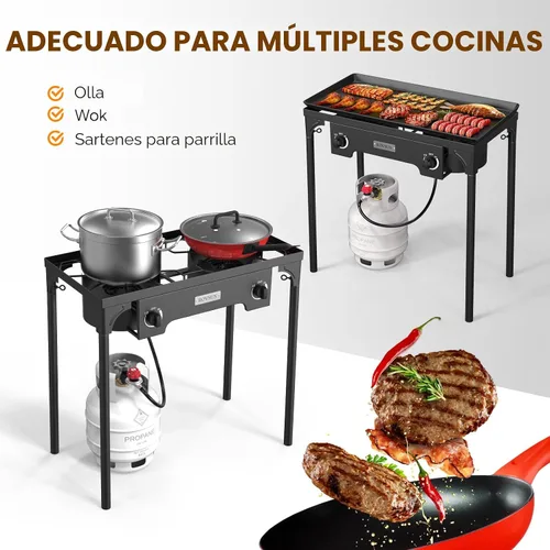 Vista 3 de ROVSUN Estufa de gas de propano portátil para exteriores con 2 quemadores, 150,000 BTU de alta presión, estufa de pie para cocinar en el patio
