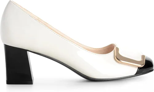 Vista 2 de ANN CREEK Zapatos de tacón bajo para mujer, zapatos de oficina elegantes de dos tonos, punta cuadrada, tacón grueso de 2.4 pulgadas, sin cordones