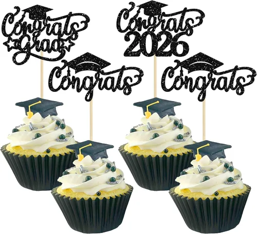 Vista 31 de Gyufise 24 piezas de decoración para cupcakes con purpurina para graduación 2026, decoración de pasteles para graduación 2026, decoración de Negro