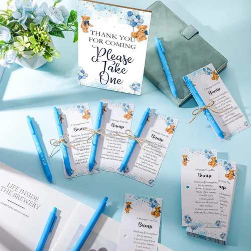 Vista 6 de Sintuff Juego de 50 Recuerdos de Baby Shower para Invitados 1 Letrero de Agradecimiento por Venir 50 Bolígrafos 50 Tarjetas de Agradecimiento