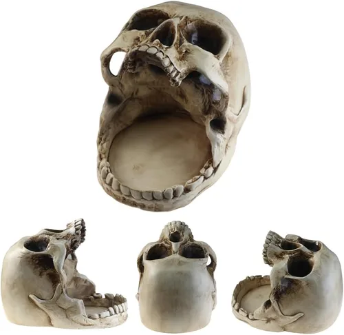 Vista 2 de GuoShuang Llavero decorativo con forma de calavera gótica, decoración del hogar, escultura de calavera retro para fiesta de Halloween, cuenco