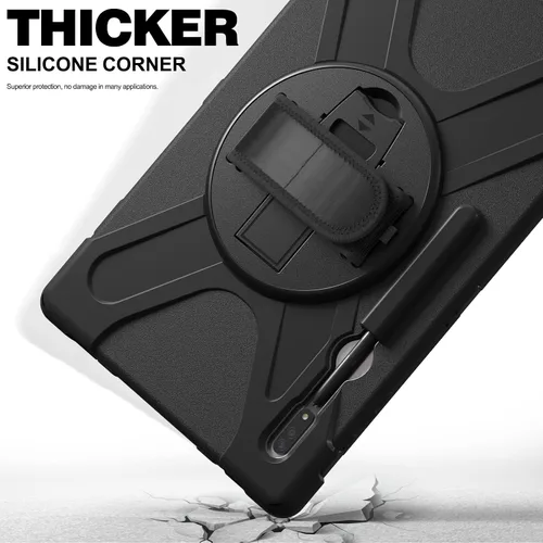 Vista 3 de Funda a prueba de golpes para Galaxy Tab S8 Ultra de 14.6 pulgadas 2022, funda resistente con cinturón de mano giratorio de 360°, correa de hombro