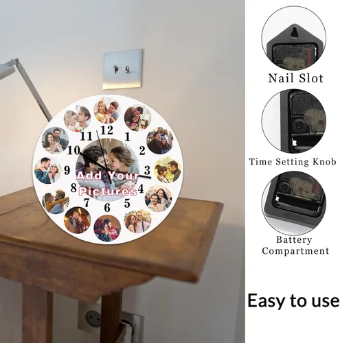 Vista 6 de Qingxily Reloj personalizado con imagen, relojes personalizados para paredes, reloj con foto personalizado, regalo para el día de San Valentín, día