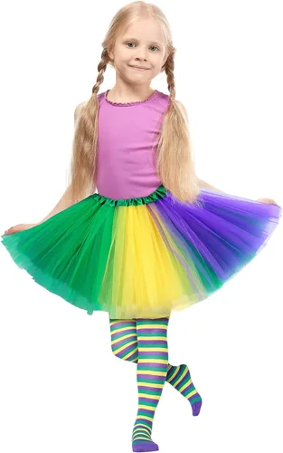 Vista 4 de Juego de 2 piezas de disfraz de Mardi Gras, falda tutú de bailarina colorida y medias a rayas por encima de la rodilla para eventos y fiestas