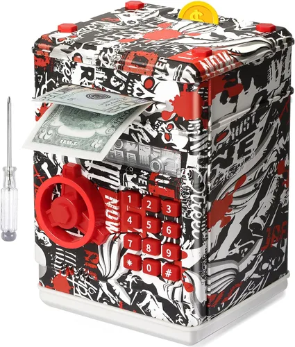 Vista 11 de Alcancía de cajero automático para niños y niñas, Vcertcpl - Mini alcancía de monedas con contraseña, caja de ahorro con agarre automático