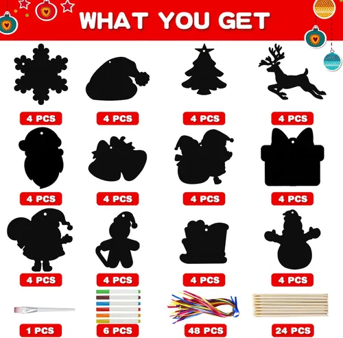 Vista 3 de Max Fun - Arte de rascar navideño para niños, 48 piezas de tarjetas de papel mágico arcoíris, adornos navideños para colgar, suministros