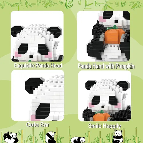 Vista 4 de Mini bloques de construcción de Halloween, panda sentado con calabaza, micro bloques de juguete para niños de 6, 7, 8, 9+, juegos de construcción