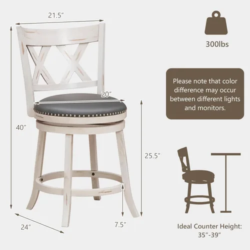 Vista 3 de COSTWAY Juego de 2 taburetes de bar para isla de cocina, taburetes giratorios de altura de mostrador sin brazos de 25.5 pulgadas con asiento