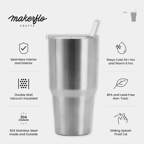 Vista 6 de makerflo Paquete de 25 vasos plateados de acero inoxidable de 30 onzas con tapa y pajilla, listo para manualidades para regalos y personalización