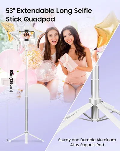 Vista 5 de Trípode para selfie stick de 53 pulgadas con luz, soporte mejorado para teléfono celular de 4 patas, trípode para cámara con control remoto Blanco a