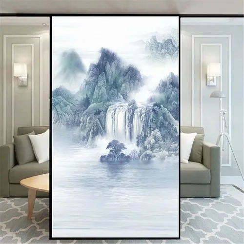 Vista 4 de Película de privacidad para ventana, tinta, pintura de paisaje, 73AB, decorativa, opaca, no adhesiva, adherencia estática, película de vidrio