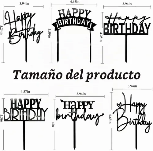 Vista 2 de Decoración negra para tartas de cumpleaños, 6 piezas acrílicas para tartas de cumpleaños, decoración de fiesta Negro