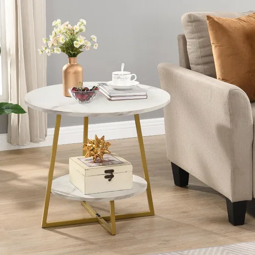 Vista 13 de D&H FURNIMMT Mesa auxiliar de sala de estar de 20", mesas auxiliares redondas de madera de 2 niveles para espacios pequeños con estante