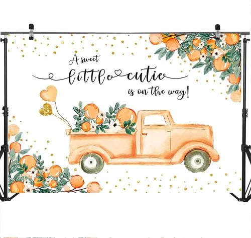 Vista 3 de Mocsicka A Little Cutie - Telón de fondo para baby shower, color naranja y camión, fondo de baby shower, tema mandarina, baby shower, para niña