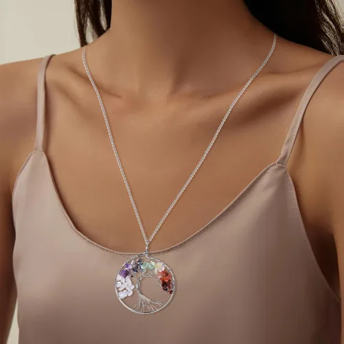 Vista 5 de ZPMMPZ Collar de árbol de la vida con cristales curativos naturales de 7 chakras, colgante de piedras preciosas, regalos familiares para mujeres