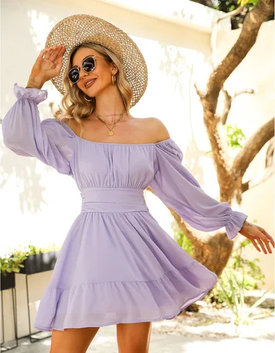 Vista 4 de Exlura - Vestido de manga larga para mujer con cuello cuadrado, holanes, cintura elástica, acampanado, amarre posterior, estilo casual y corto